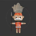 Cartoon Tribal Character Wearing Feather Headdress Holding Spear In Red Golden Patterned Outfit With Mustache