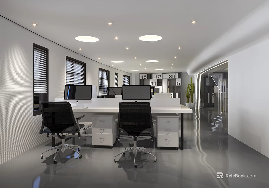 Modern Public Office Space With Desks Computers Ergonomic Chairs Windows Blinds And Ceiling Lights 3d model 