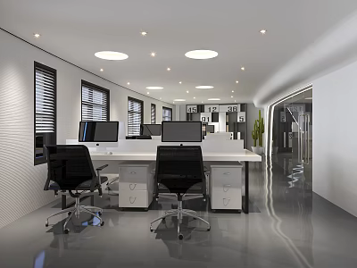 Modern Public Office Space With Desks Computers Ergonomic Chairs Windows Blinds And Ceiling Lights 3d model