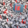 Decorative Ornament Set Featuring Gray Cubes Blue Cube Red Slender Objects Red I K Letters 3d model