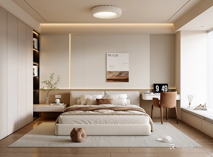 Modern Cozy Bedroom Interior Design With Comfortable Bed Area Rug And Decorative Painting 3d model 