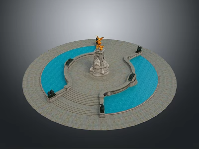 Garden Ornament Featuring Circular Design Fountain Golden Sculpture Blue Water Pool And Steps 3d model