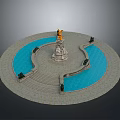 Garden Ornament Featuring Circular Design Fountain Golden Sculpture Blue Water Pool And Steps