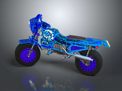 Blue 3D Rendered Motorcycle With Mechanical Details Purple Wheels And Brown Seat 3d model