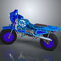 Blue 3D Rendered Motorcycle With Mechanical Details Purple Wheels And Brown Seat