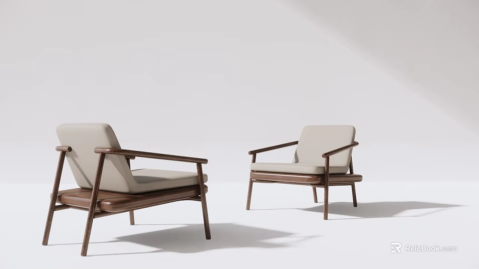 Minimalist Modern Single Chair With Wooden Frame And Beige Fabric Upholstery Design 3d model 