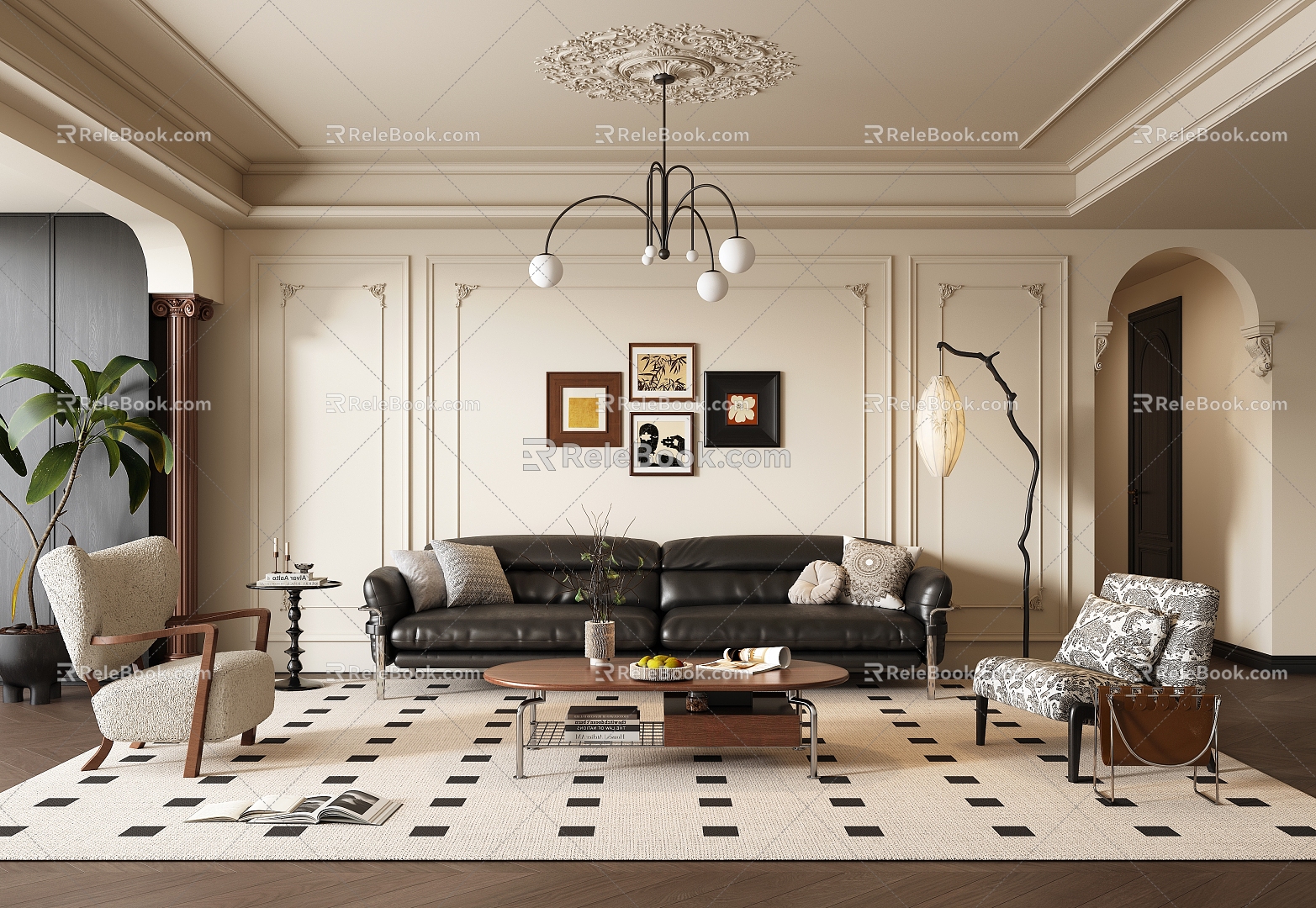 French Middle Style Living Room Sofa Coffee Table Combination Leather Three-Person Sofa Middle Style Leisure Chair Middle Style Floor Lamp Middle Style Hanging Painting Chandelier Jewelry Ornaments 3d model