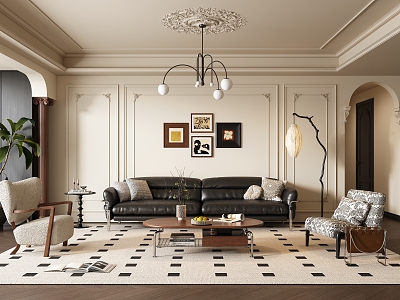 French Middle Style Living Room Sofa Coffee Table Combination Leather Three-Person Sofa Middle Style Leisure Chair Middle Style Floor Lamp Middle Style Hanging Painting Chandelier Jewelry Ornaments 3d model