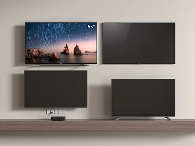 65 Inch TV With Starry Display And Three Black TVs On Wall And Wooden Shelf 3d model