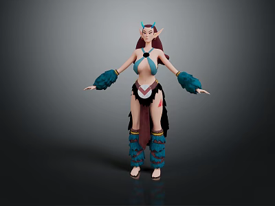 3D Mythical Elf Character With Horned Features And Blue Green Feather Outfit 3d model