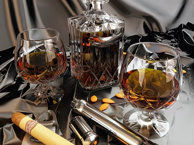 Crystal Decanter And Whiskey Glasses With Cigar Almonds Cocktail Shaker On Black Background 3d model