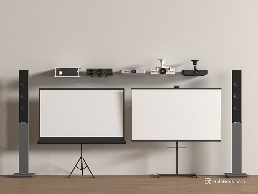 Indoor Projection Screens With Stands Surveillance Cameras and Wall Mounted Projectors 3d model 