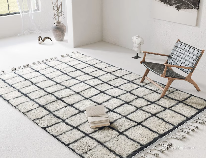Square Grid Pattern Rug In Bright Living Room With Chair And Books 3d model 
