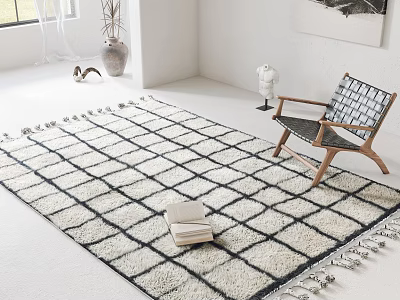 Square Grid Pattern Rug In Bright Living Room With Chair And Books 3d model