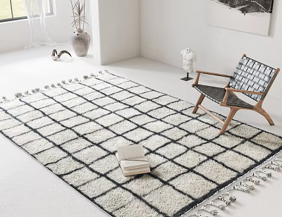 Square Grid Pattern Rug In Bright Living Room With Chair And Books 3d model