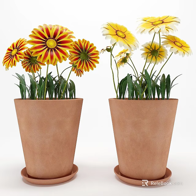 Terracotta Flower Pots With Yellow And Red Flowers And Green Leaves For Garden Decor 3d model 