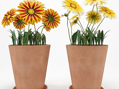Terracotta Flower Pots With Yellow And Red Flowers And Green Leaves For Garden Decor 3d model