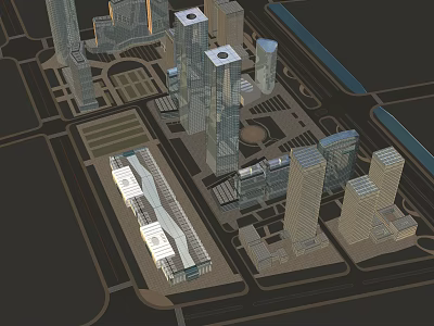 Modern High Rise Office Buildings In Urban Area With Road Network And Open Spaces 3d model
