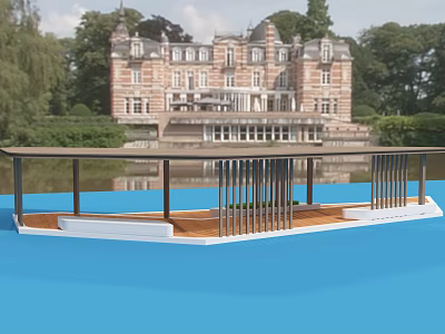 Outdoor Pergola with Wooden Floor Metal Railings and Platform by Classic Mansion Surrounded by Trees 3d model