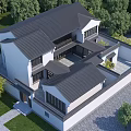 Ancient Chinese Architecture Courtyard with Black Tiled Roof White Walls and Green Trees