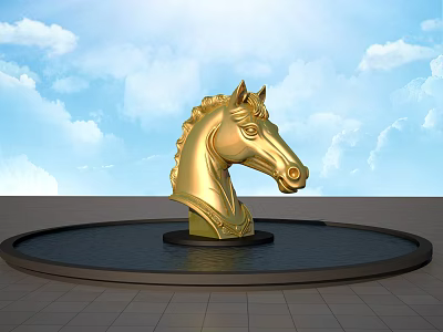 Golden Horse Head Sculpture Carving With Black Base And Water Pool Under Blue Sky 3d model