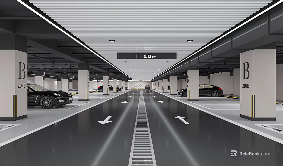 Modern Well Lit Parking Garage With Clear Lane Markings And Arrow Indicators 3d model 