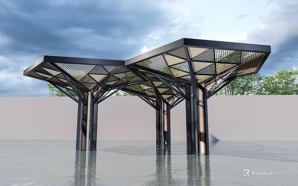 Modern Geometric Pergola Featuring Black Frame Lattice Design and Water Reflection with Sky Trees 3d model 