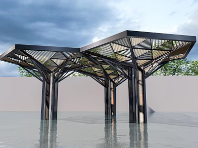 Modern Geometric Pergola Featuring Black Frame Lattice Design and Water Reflection with Sky Trees 3d model
