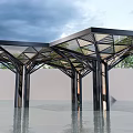 Modern Geometric Pergola Featuring Black Frame Lattice Design and Water Reflection with Sky Trees