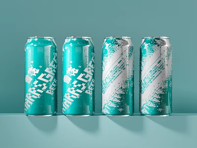Four Turquoise Beer Cans With White Snowflake Patterns On Light Blue Countertop 3d model