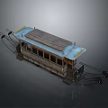 Vintage Tram Model With Wooden Structure And Metal Roof Featuring Glass Windows And Connected Cables