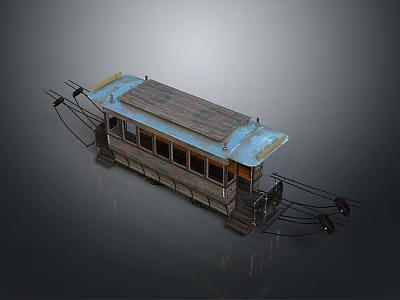 Vintage Tram Model With Wooden Structure And Metal Roof Featuring Glass Windows And Connected Cables 3d model