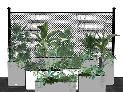 Bonsai Potted Plants Display With Black Mesh Fence And Green Foliage Arrangement 3d model