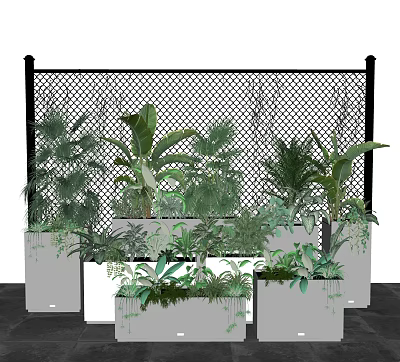 Bonsai Potted Plants Display With Black Mesh Fence And Green Foliage Arrangement 3d model