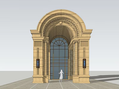 Classical Arched Entrance Gate With Ornate Details Stone Columns Glass Door And Wall Lamps 3d model