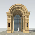 Classical Arched Entrance Gate With Ornate Details Stone Columns Glass Door And Wall Lamps