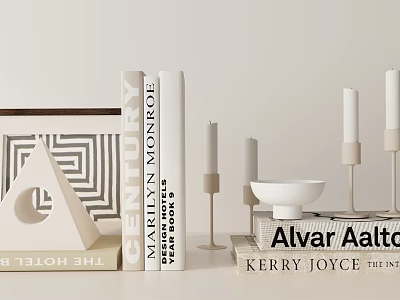 Stylish Decorative Ornament Set With Stacked Books Geometric Sculpture Candle Holders And White Bowl 3d model