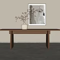 Minimalist Wooden Dining Table With White Vase Dried Branches And Abstract Wall Art