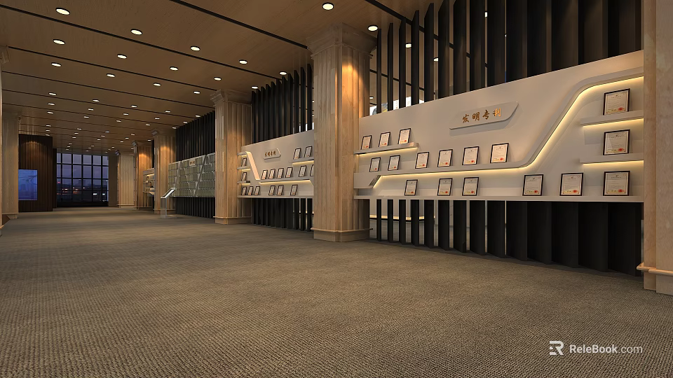 Spacious Hall Featuring Long Display Walls Awards Columns and Ceiling Lights on Carpeted Floor 3d model 