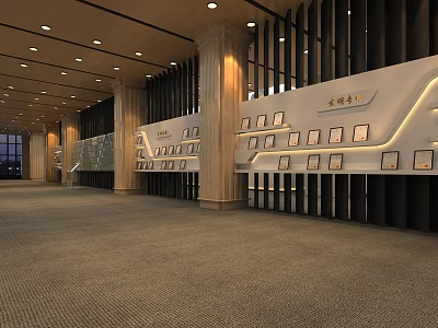 Spacious Hall Featuring Long Display Walls Awards Columns and Ceiling Lights on Carpeted Floor 3d model