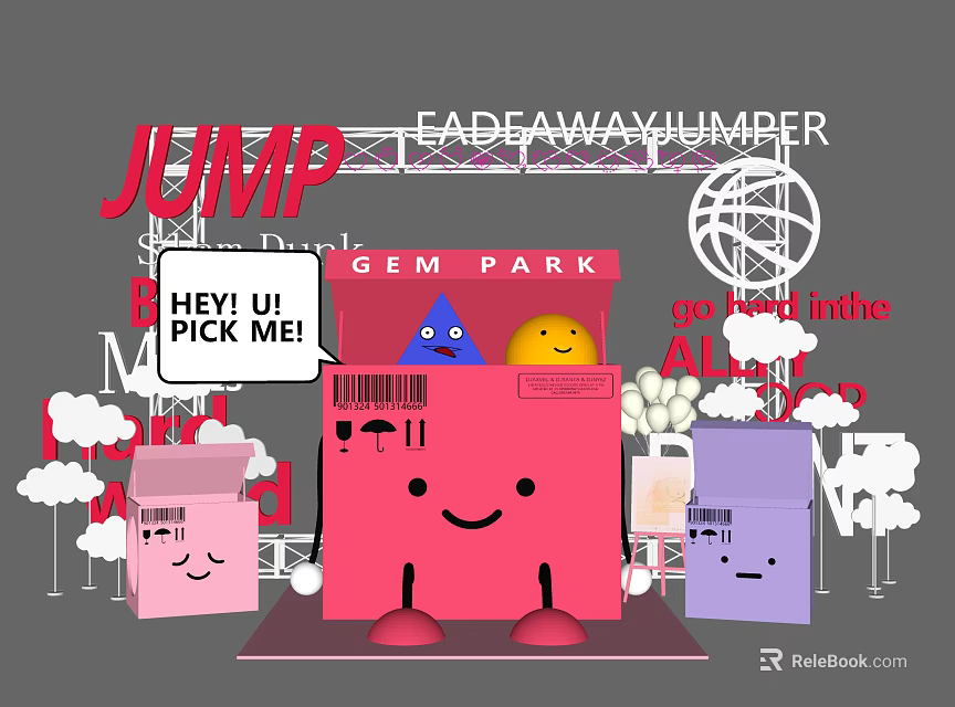 SEM Park Photo Spot With Cartoon Boxes Smiling Faces And Cloud Decorations 3d model