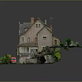 Traditional Stone Building With Sloped Roof Balcony Courtyard Table Chairs Green Vegetation