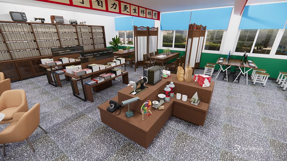 Cultural Center Interior With Exhibition Area Handicrafts Books And Display Shelves 3d model 