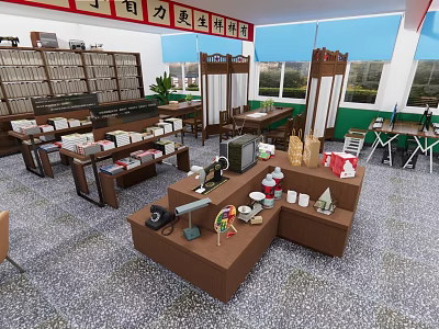 Cultural Center Interior With Exhibition Area Handicrafts Books And Display Shelves 3d model