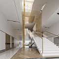 Modern Lobby Interior With Gold Grid Decoration White Staircase Glass Railing And Wooden Floor