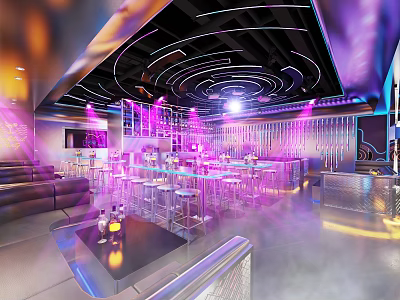 Modern Bar Interior With Purple Pink Lighting Circular Ceiling Bar Counter High Stools 3d model