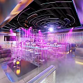 Modern Bar Interior With Purple Pink Lighting Circular Ceiling Bar Counter High Stools 3d model