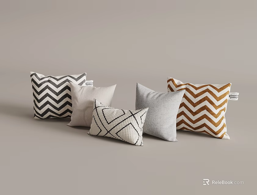 Stylish Throw Pillows with Black White Chevron Beige Gray Brown Geometric Patterns 3d model 