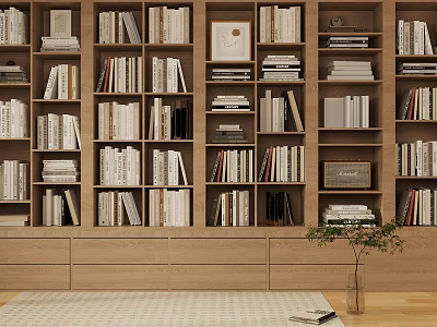Modern Wooden Bookshelf Interior With Shelves Filled Books Decorative Frames Drawers And Vase 3d model