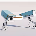 Double Light Blue Projection Surveillance Cameras With Brown Trim And Metal Brackets